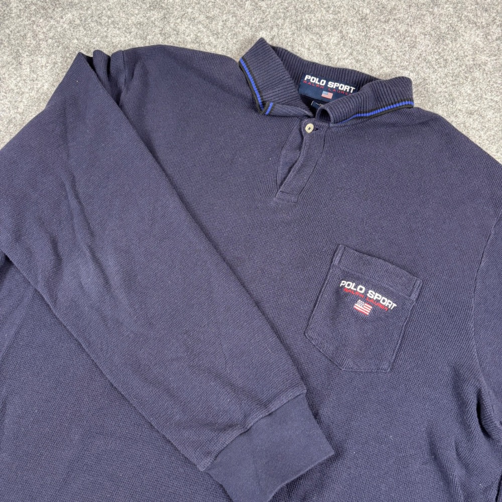 Polo Sport Ralph Lauren Polo Shirt Mens XL Navy Waffle Knit Long Sleeve Pocket